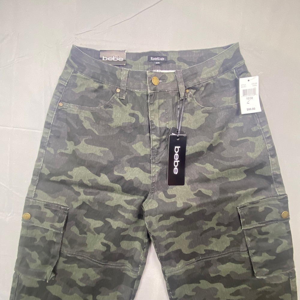 Bebe Womens Camo Cargo Wide Leg Jeans Green Camouflage Size 10/30 NWT